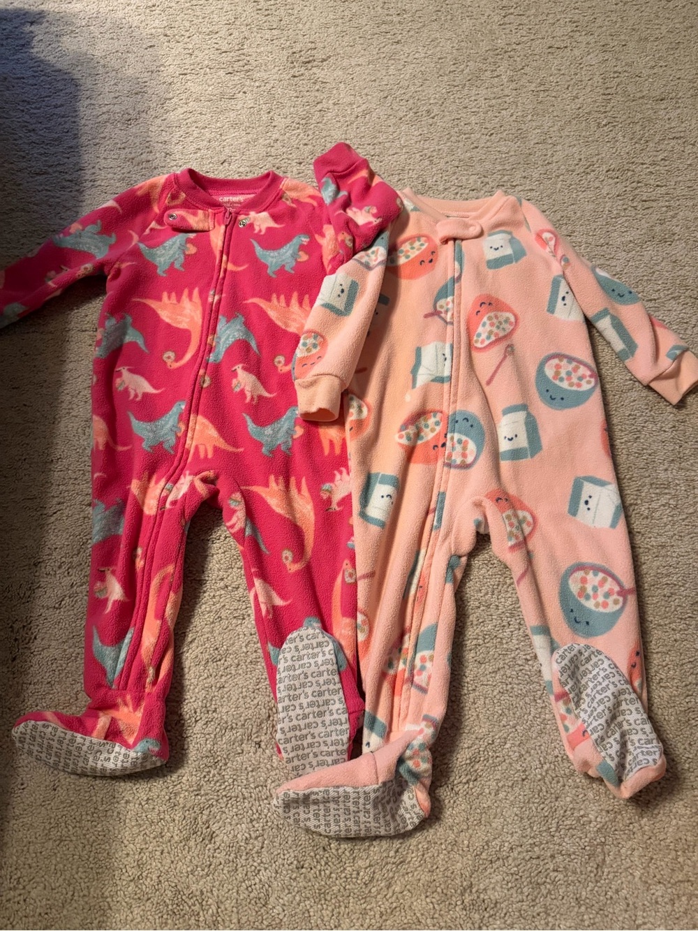 Carter's Pink & Peach Fleece Footed One-Piece Pajamas - Dino & Cereal Prints